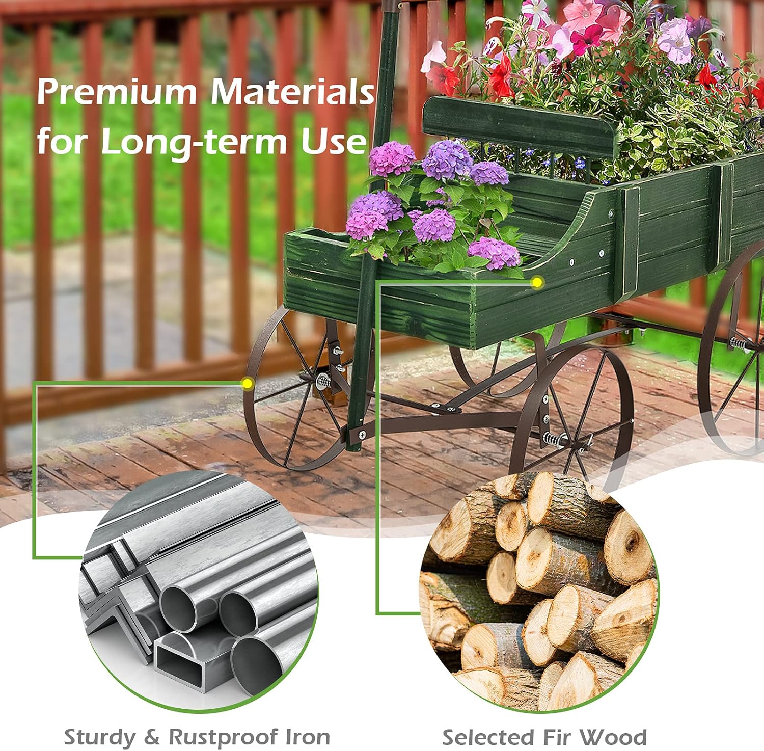 DREAMADE Wooden Wagon Planter with Wheels, Indoor/Outdoor Flower Cart w/Dual-Compartment & Adjustable Handle, Decorative Garden Planter for Home, Yard, Wedding (Green)