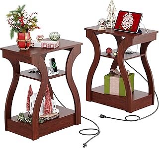 WLIVE End Tables Living Room Set of 2, Cherry Side Tables with Charging Station,