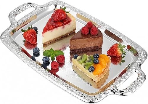 Bandeja rectangular plateada para servir – Bandeja de metal vintage para whisky – Vajilla de comedor y fuente decorativa perfecta para