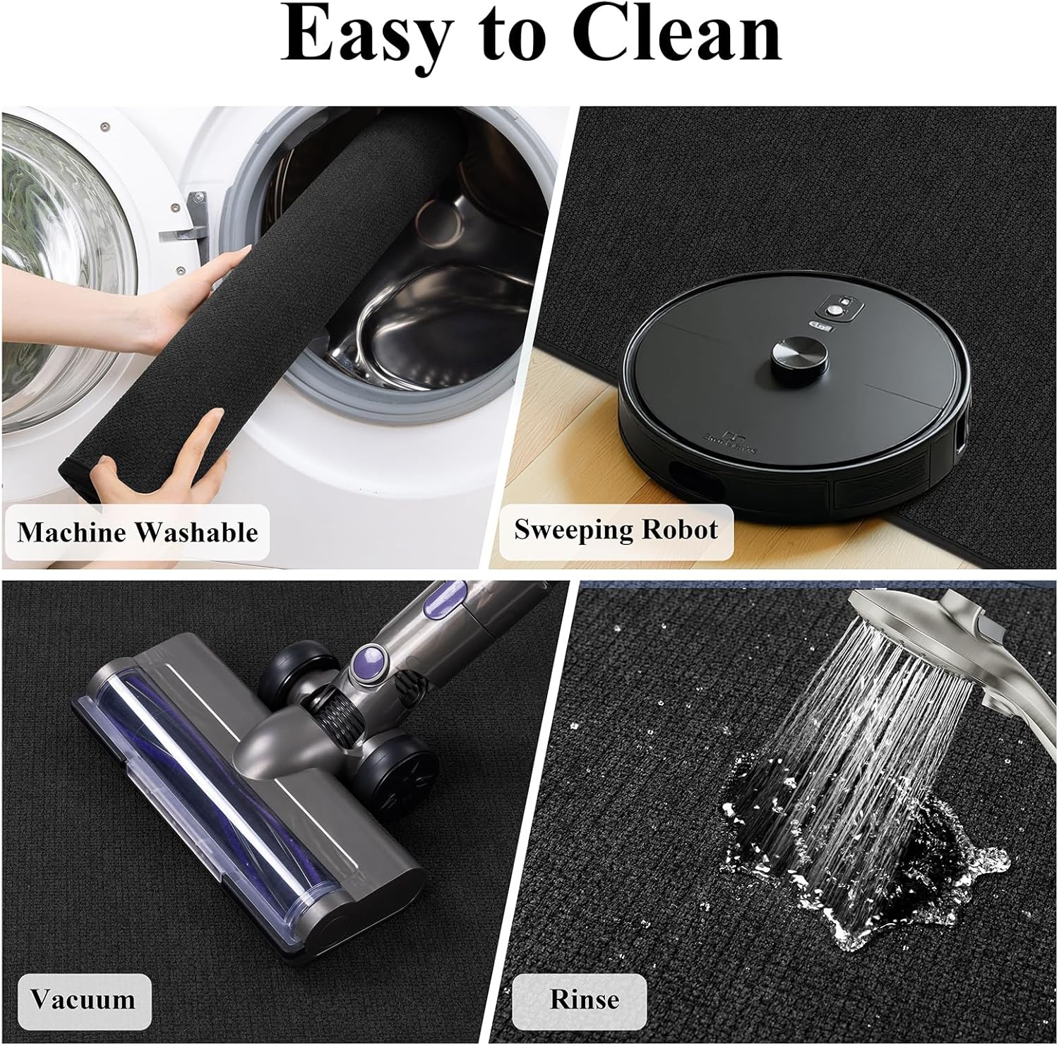 Ileading Bathroom Rugs Sets 3 Piece Non Slip Washable, Absorbent Quick Dry Thin Bath Runner Rug, U Shaped Toilet Mat for Shower Tub Sink Kitchen Laundry (Black)