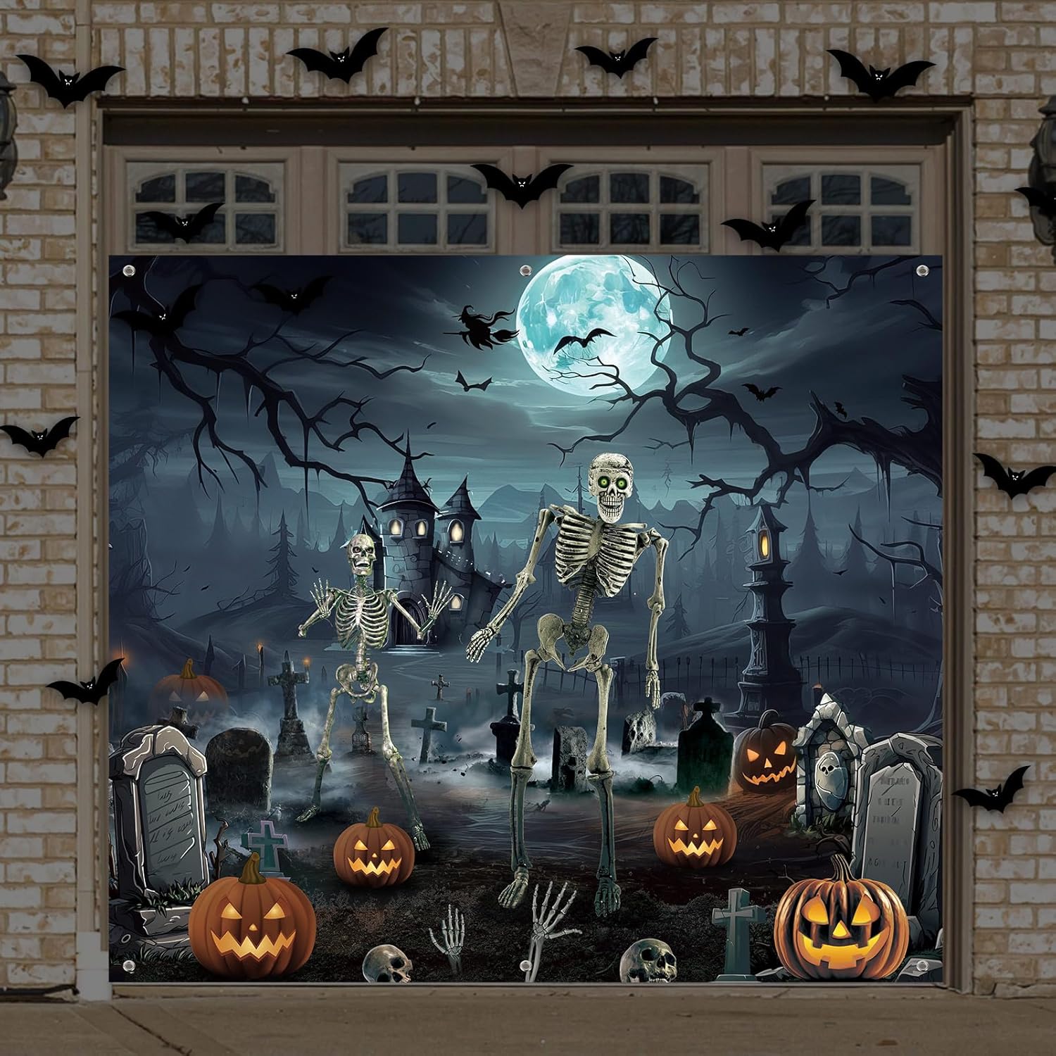 Blosssound 7x8 FT Halloween Garage Door Cover – Spooky Graveyard Scene with Skeletons, Pumpkins & Haunted Buildings – Outdoor Scary Backdrop Decoration for Yard, Porch, Party, Photo Booth