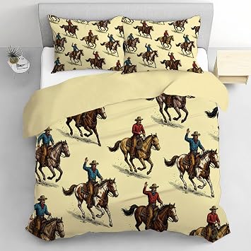 Duvet Cover Set Double Cowboy Knight Quilt Cover Set American Retro All Season Reversible Bedding Set Soft Breathable Duver Set with Pillowcase, 200x200cm, Light Yellow