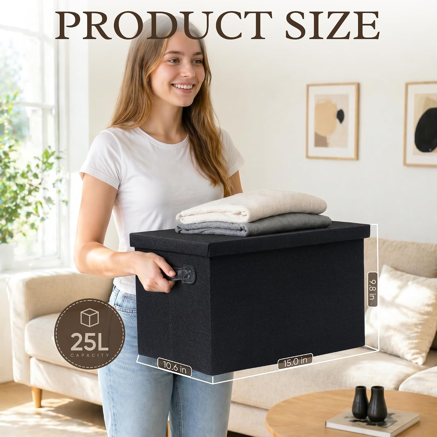 Fabric Storage Bins with Lids, Heavy Duty Collapsible Organizer Bins for Shelves, Stackable Closet Woven Baskets with Handles, 25L Rectangle Boxes for Bedroom Office, Cube Home Decor (Black 2 Pack) | Heavy Duty, Collapsible, 25L Rectangle, Stackable with Handles, Woven Baskets
