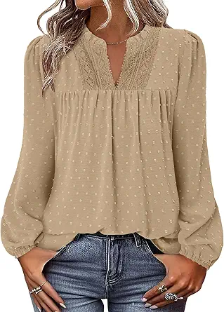 BETTE BOUTIK Women Boho Long Sleeve Shirts Dressy Casual V Neck Fall Fashion Tops Swiss Dot Flowy Blouses