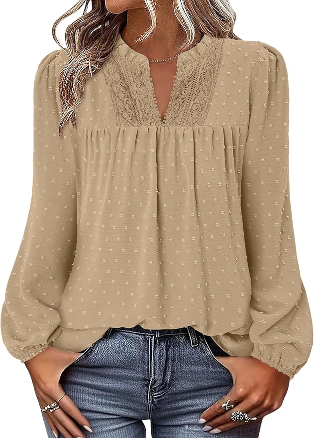 BETTE BOUTIK Women Boho Long Sleeve Shirts Dressy Casual V Neck Fall Fashion Tops Swiss Dot Flowy Blouses