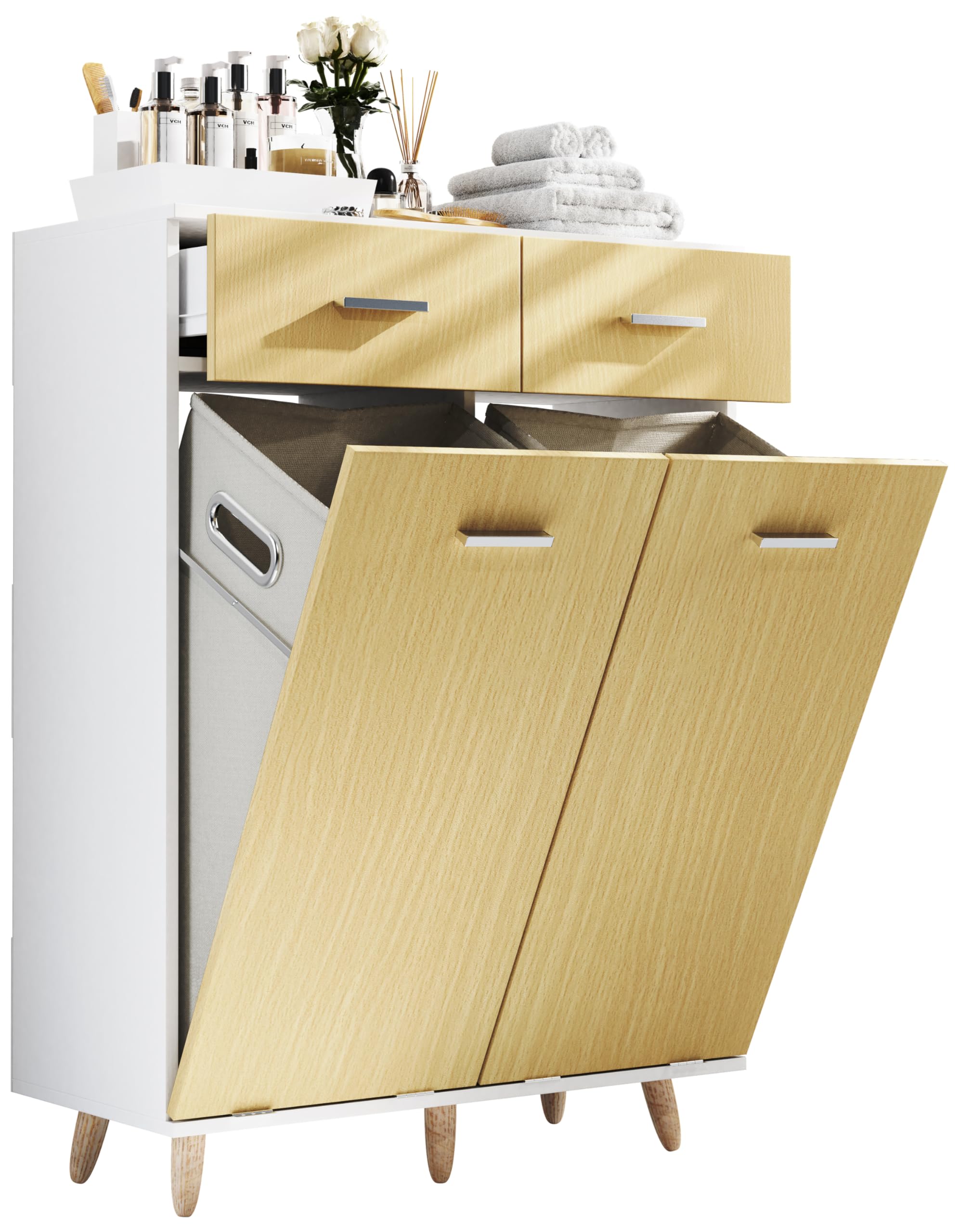 Meuble à linge sale VCM blanc et chêne miel avec panier intégré