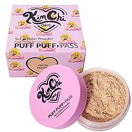 Kimchi Chic Beauty Puff Puff Pass Set and Bake Setting Powder for Makeup, Extra Fluffy Loose Face Powder Poof, Soft Natural Face Makeup for Uneven Skin Tone, 04 Peachy