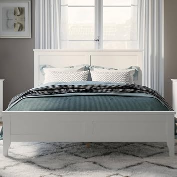 King Size Pinewood Platform Bed, Modern Bed Frame with Tall Headboard, Solid Bedframe King-Size for Bedroom Guest Room, Wood Slat Support, No Box Spring Needed, Easy Assembly, White