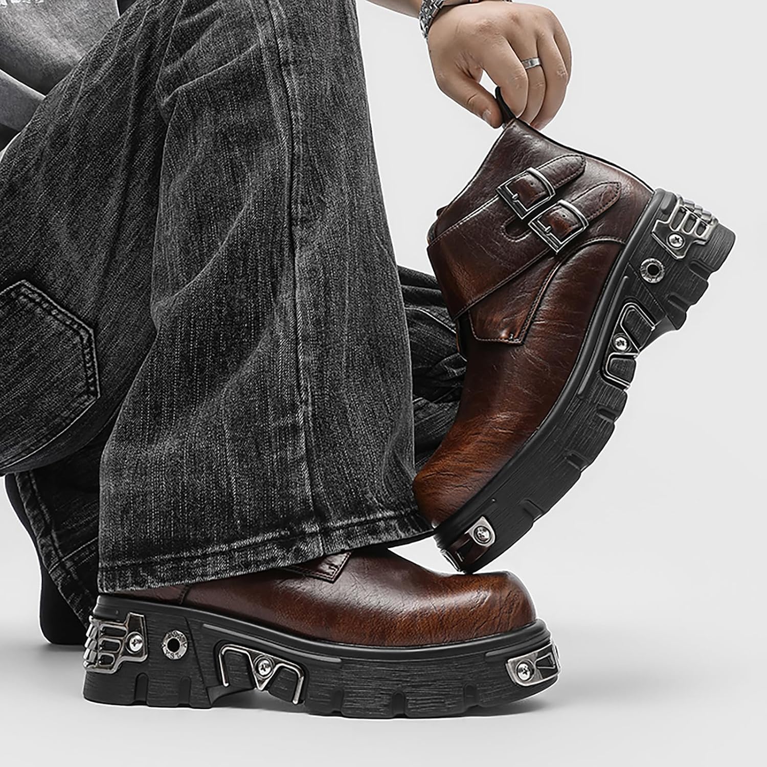 Men's Punk Platform Ankle Boots Retro Leather Side Zip Non-Slip Boots with Adjustable Monk Buckle Comfort Fashion Motorcycle Boots
