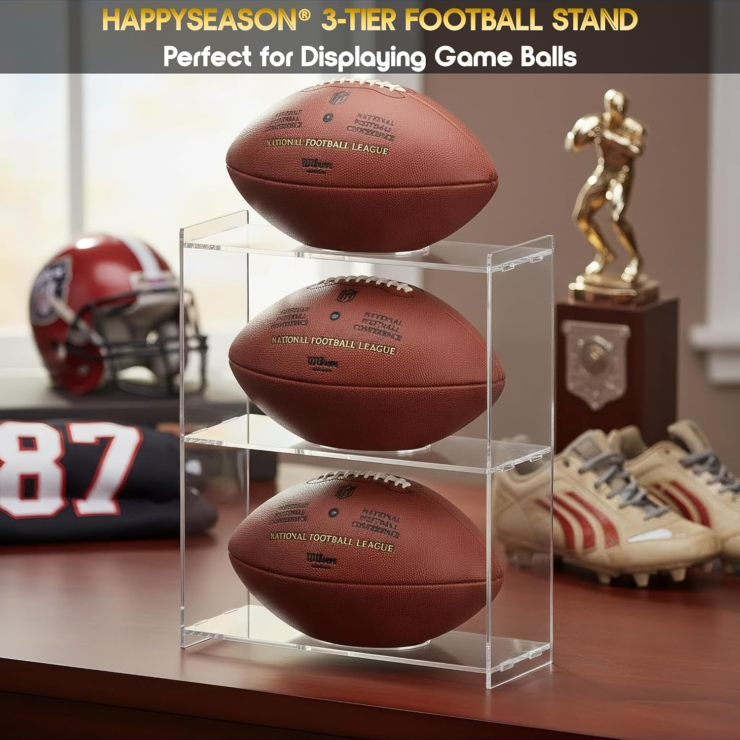 Happyseason 3-Tier Football Display Stand, Vertical Acrylic Ball Holder Rack for Full Size, Youth, College Football & Rugby Ball, Clear Storage Organizer for Autographed Sports Memorabilia Décor