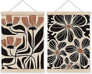 HRQKO Boho Black Flowers Hanger Frame Set of 2, Botanical Wall Art with Wooden Frames, Black Abstract Wall Hanging Decor for Living Room, Bedroom, 12x16 Inch