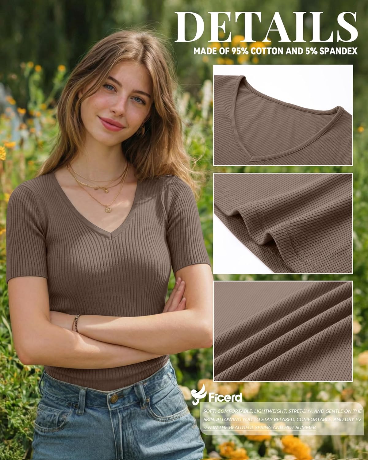 Ficerd 3 Pack Women's Short Sleeve Cotton T-Shirts V Neck Ribbed Slim Fit Tops Ladies' Casual Summer Basic Tee - Image 6