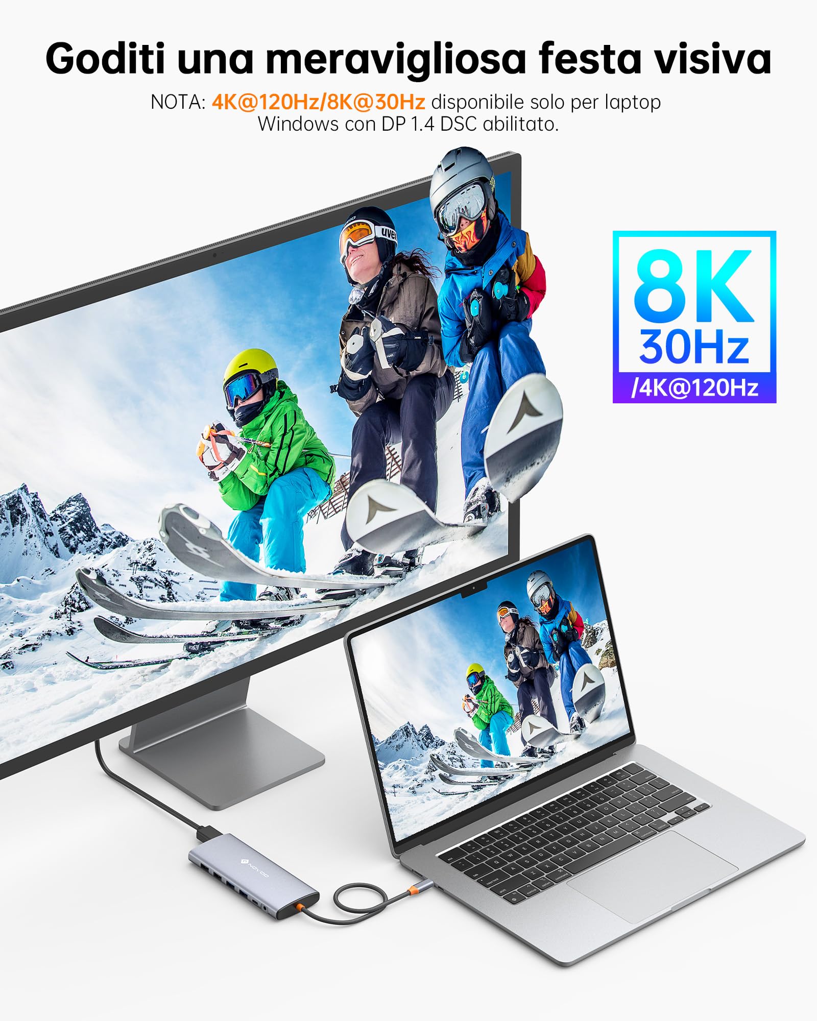 NOVOO Docking Station con Triplo Display, 14 in 1 da USB C a Doppio HDMI 4K 60Hz Adattatore con DP 8K a 30Hz, 6 Porte USB C/A, PD da 100W, RJ45, SD/TF, 3.5mm Audio per MacBook/Dell/HP/Lenovo