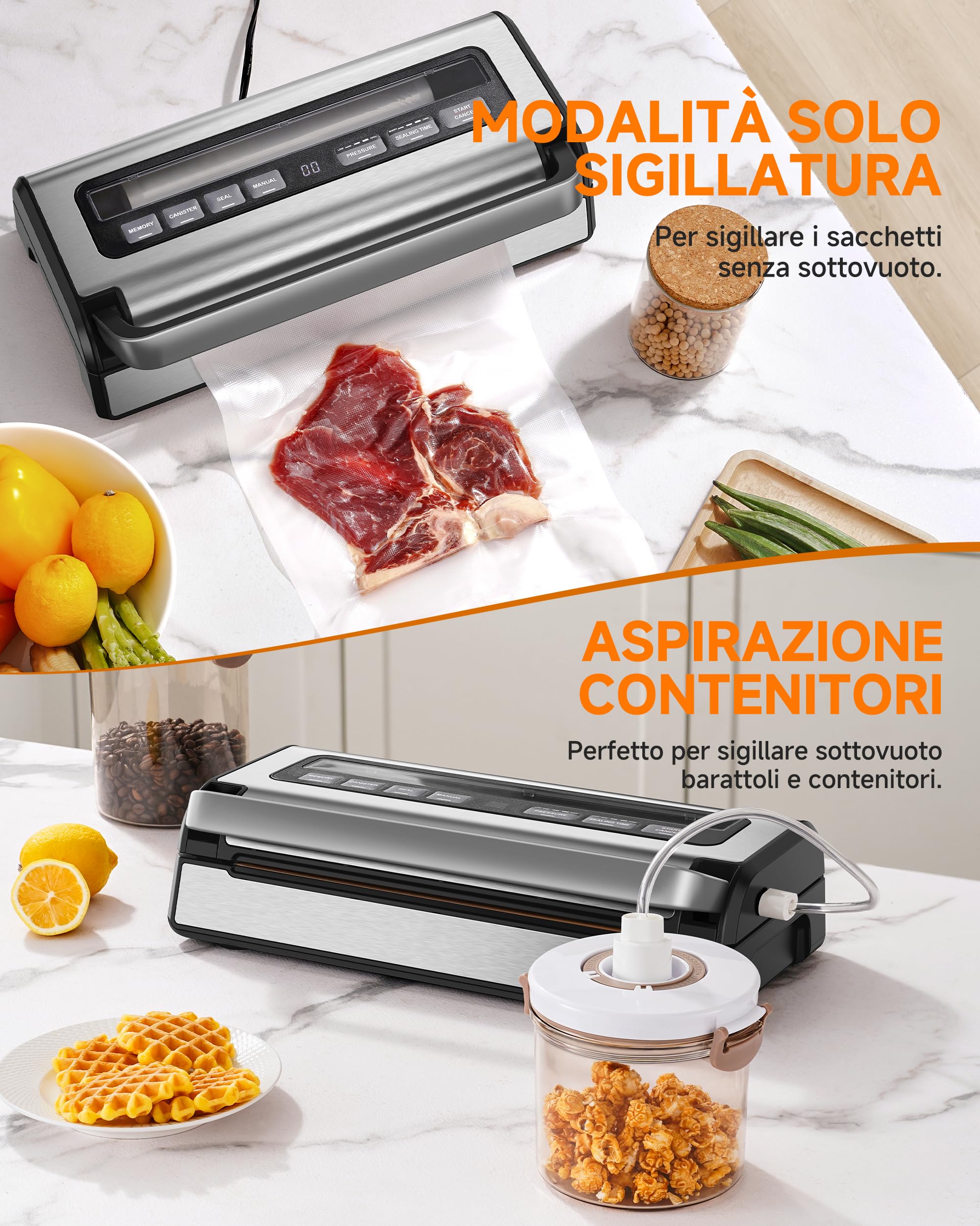 Macchina Sottovuoto 95 kPa, 9-in-1 Macchina Sottovuoto Alimenti con Modalità Tempo & Pressione Regolabili, Memoria, Doppia Sigillatura, Taglierina & Porta Sacchetti Integrati, Incl. 2 Rotoli &Tubo
