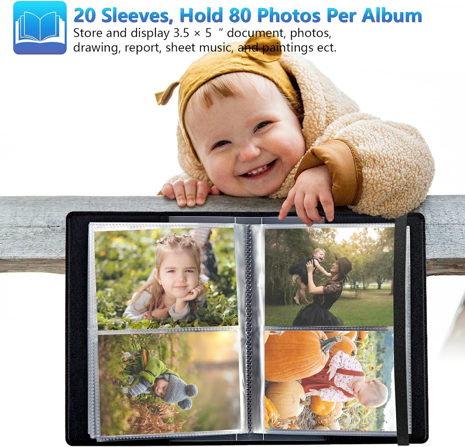 Photo Album 3.5x5 80 Photos Small Capacity PU Leather Cover, Green Flowers Plants Mini Photo Album 3.5x5 with Elastic band, Birthday Christmas Photo Albums Wedding Anniversary