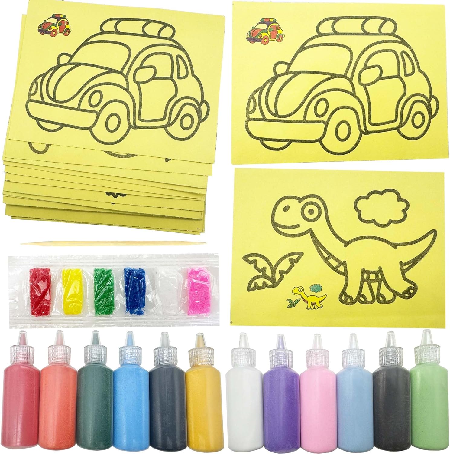 Yayatty 32 PCS Art Sand Kits, 12 Bottles Colored Sand Bottles with 20 Sheets Sand Art Painting Cards Set, DIY Sand Arts and Crafts Kit for DIY Drawing, Painting and Crafts
