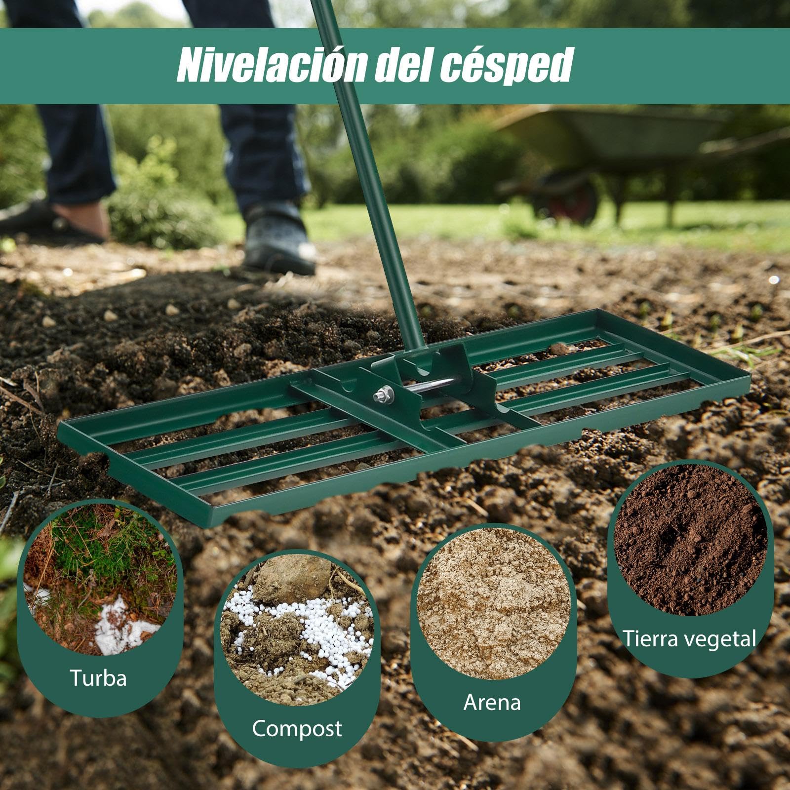 SOARS Rastrillo de Nivelación de Césped, Rastrillo Nivelador de Césped con Mango ergonómico de 170 cm, Rastrillo Jardí de Metal, idóneo para el Cuidado del Césped (75 x 25 cm)