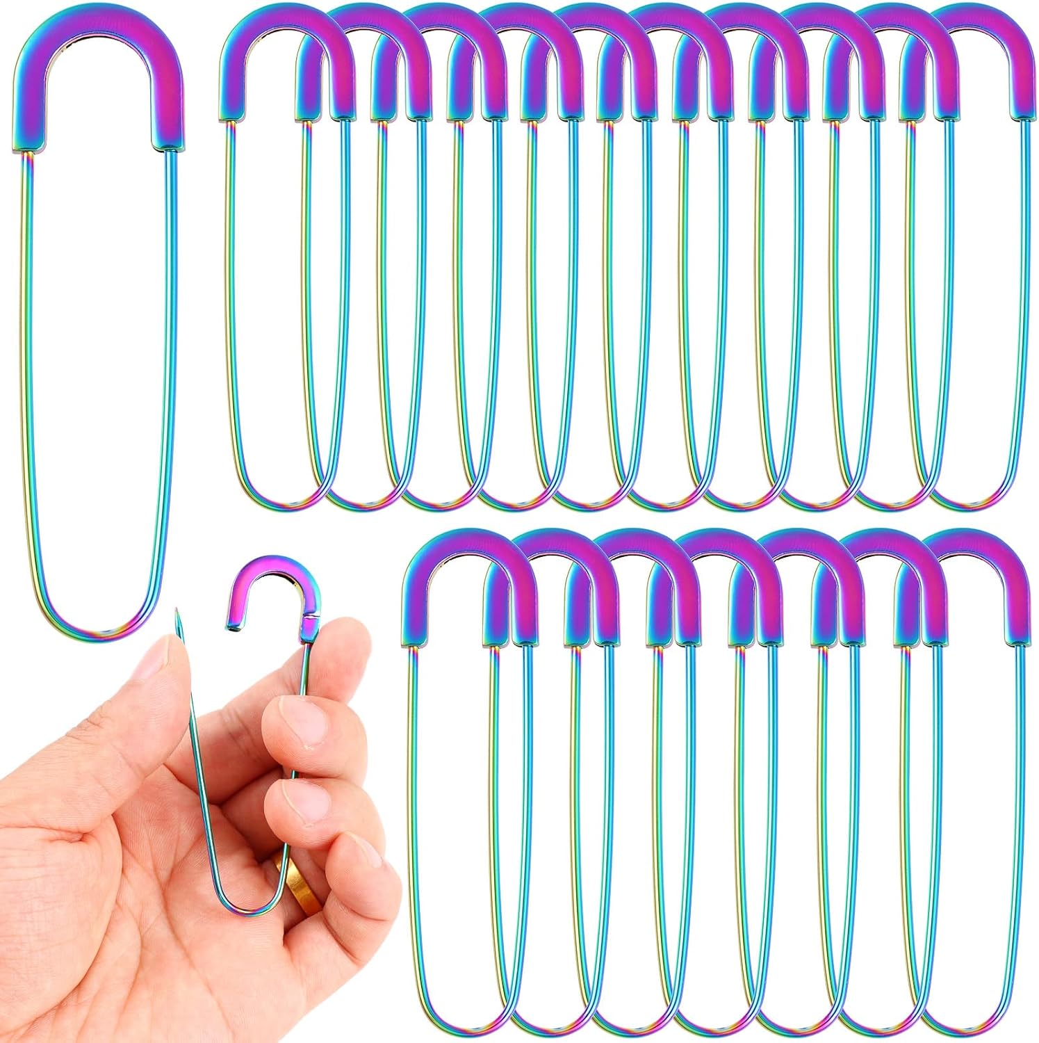 Extra Large Safety Pins Heavy Duty 3 Inch-Rainbow 20 PCS Coilless Pins Jumbo Sewing Pin Brooches-Giant Safety Pins for Quilting, Clothes, Jewelry, Shawls, Crochet,Decorative