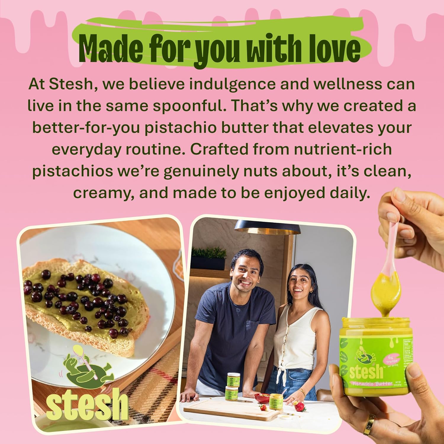 Stesh Pistachio Butter (2-Pack, 8oz Jars Each) | Prebiotic Fiber Protein Spread, Natural Vegan Creamy High Protein Pistachio Nut Butter | Gluten-Free, Dairy-Free, Non-GMO, No Seed Oils, Great on Toast