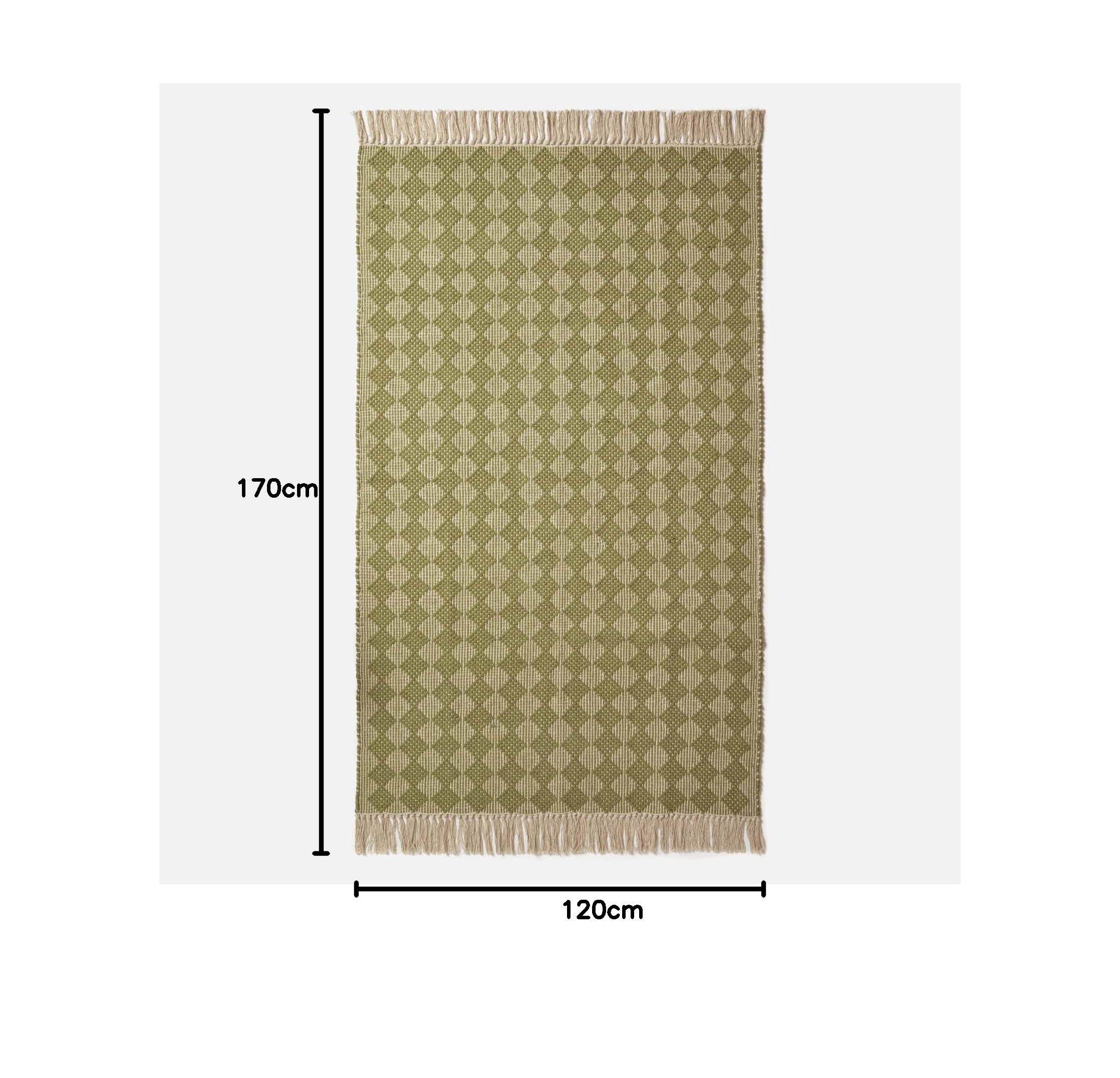 HOMESCAPES Tapis Vert en Coton Lima, Tapis rectangulaire 120x170 cm, Tapis géométrique à Franges