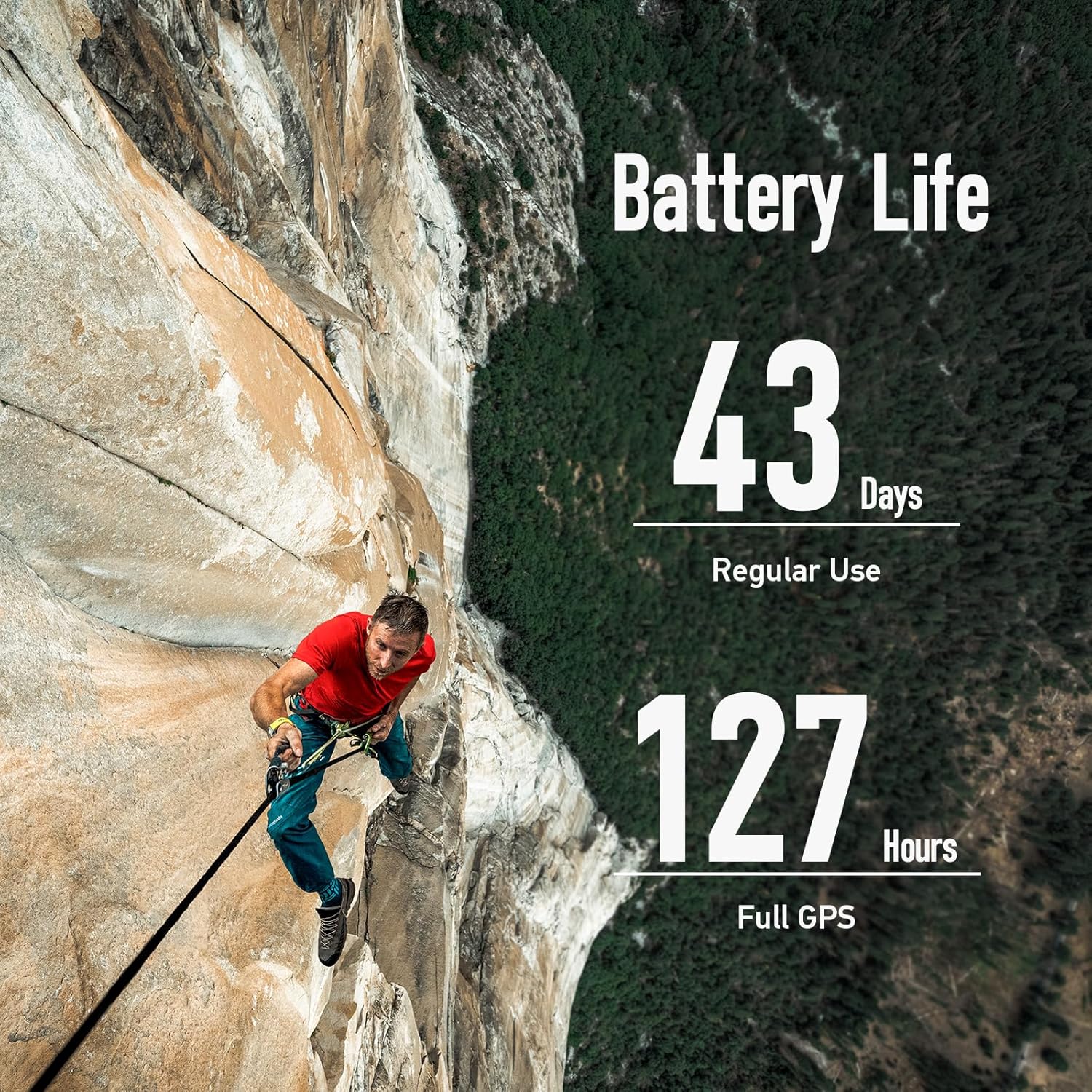 Climber on a rock face with text indicating 43 days regular use battery life and 127 hours full GPS battery life.