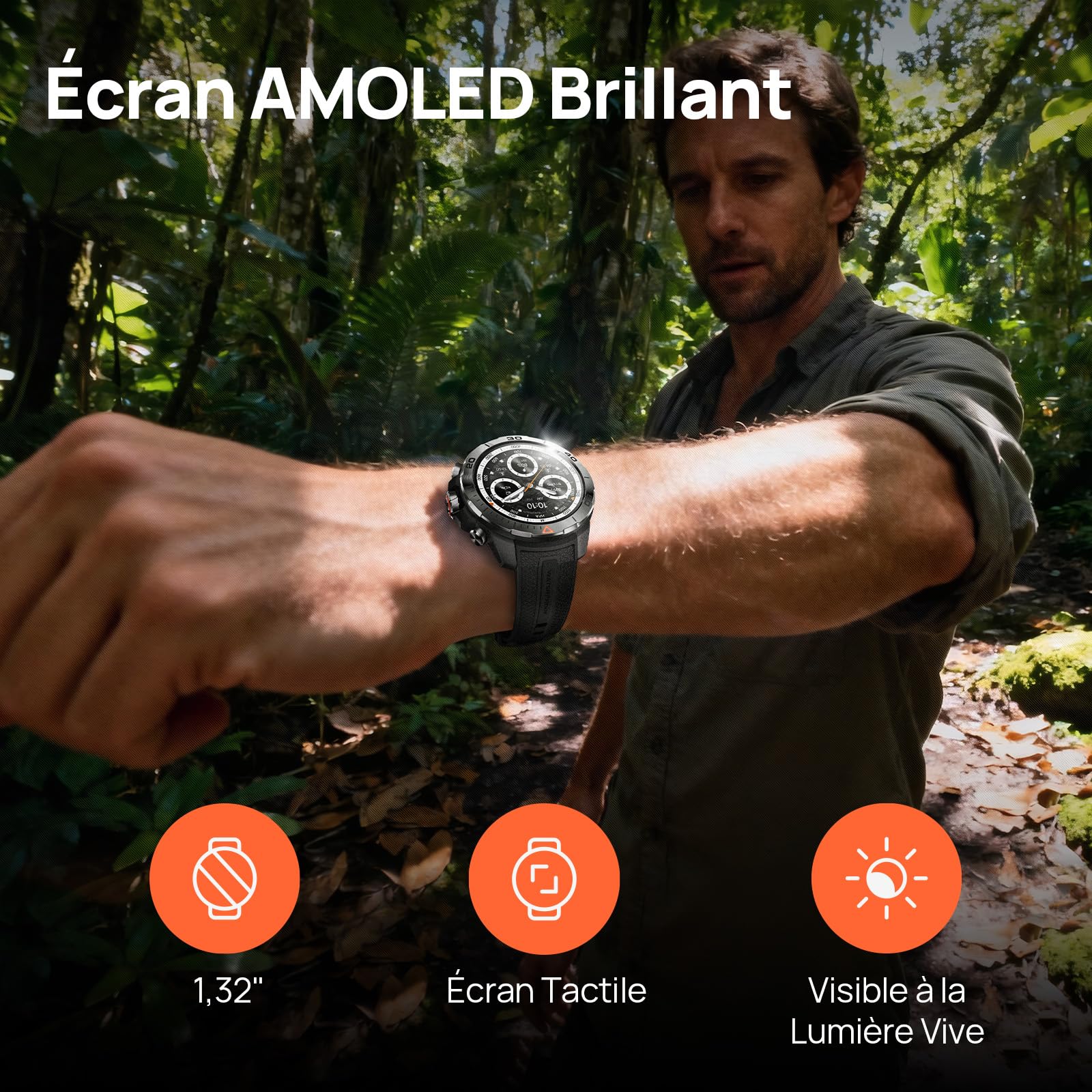 Mibro GS Explorer Montre Connectée Homme Outdoor, GPS, 10ATM Étanche | Smartwatch Militaire 1.32" AMOLED, 20 Jours, Baromètre Surveiller SpO2 Boussole pour Aventure, Android et iOS (Noir)