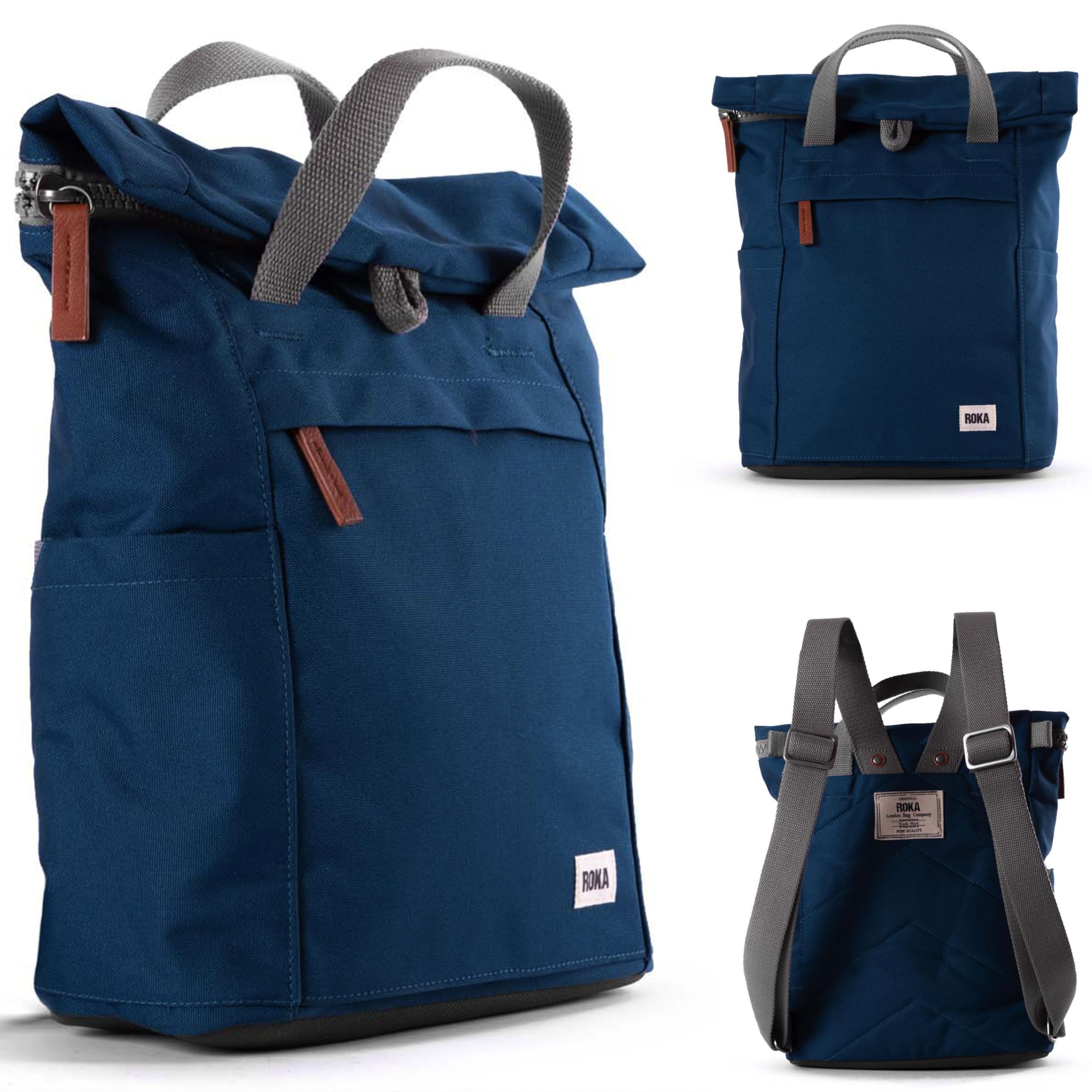 Roka London Unisex Marine Roka Finchley Roll Top Backpack For Women & Men - Medium Canvas Rucksack W/Magnetic Closure & Multi Pockets For Work, School, Travel - Blue