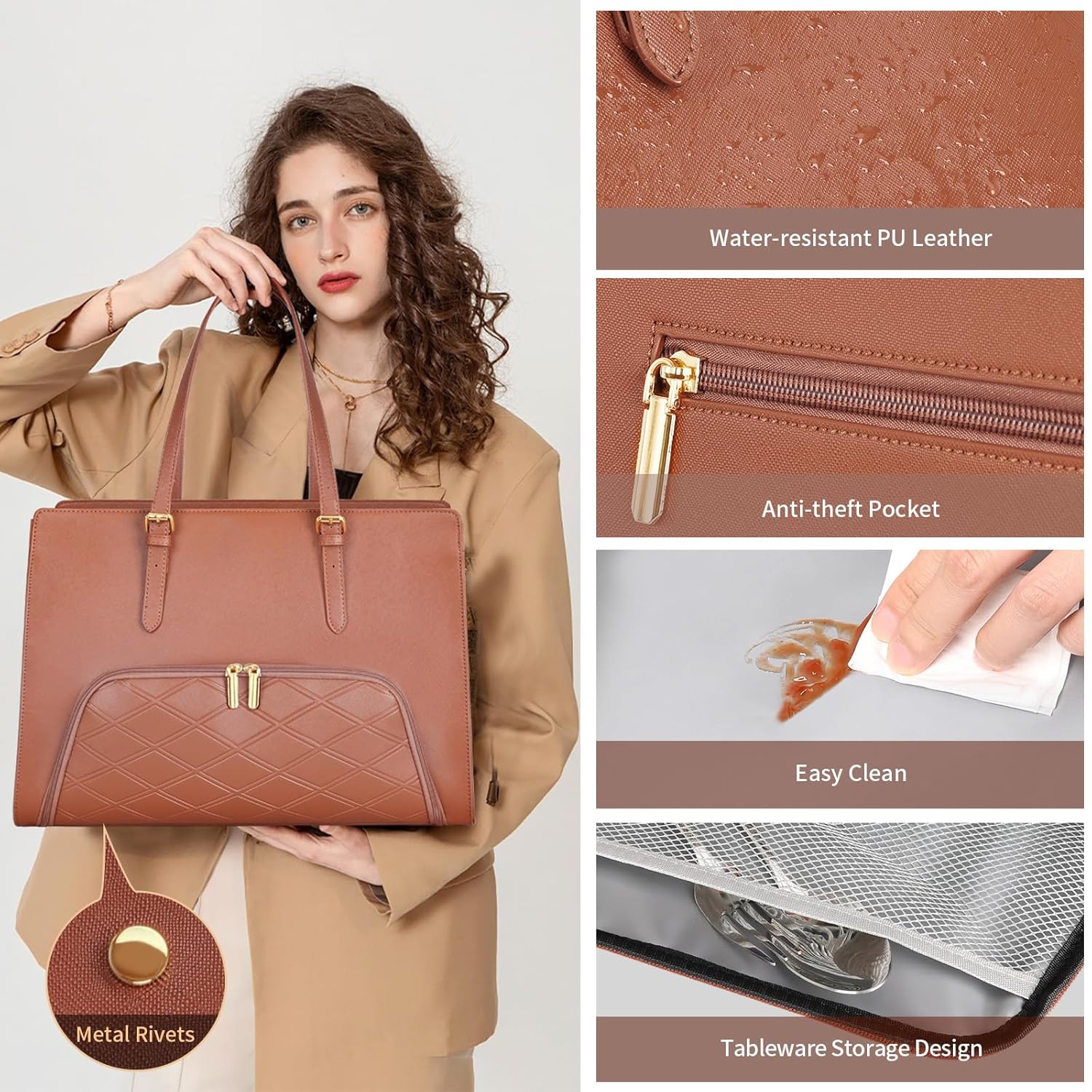 Jetviivid Laptop Tote Bag with Insulated Lunch Compartment, 15.6 Inch PU Leather Briefcase for Women, Waterproof Laptop Handbag Computer Shoulder Bag for Business, Office, Work - Image 6