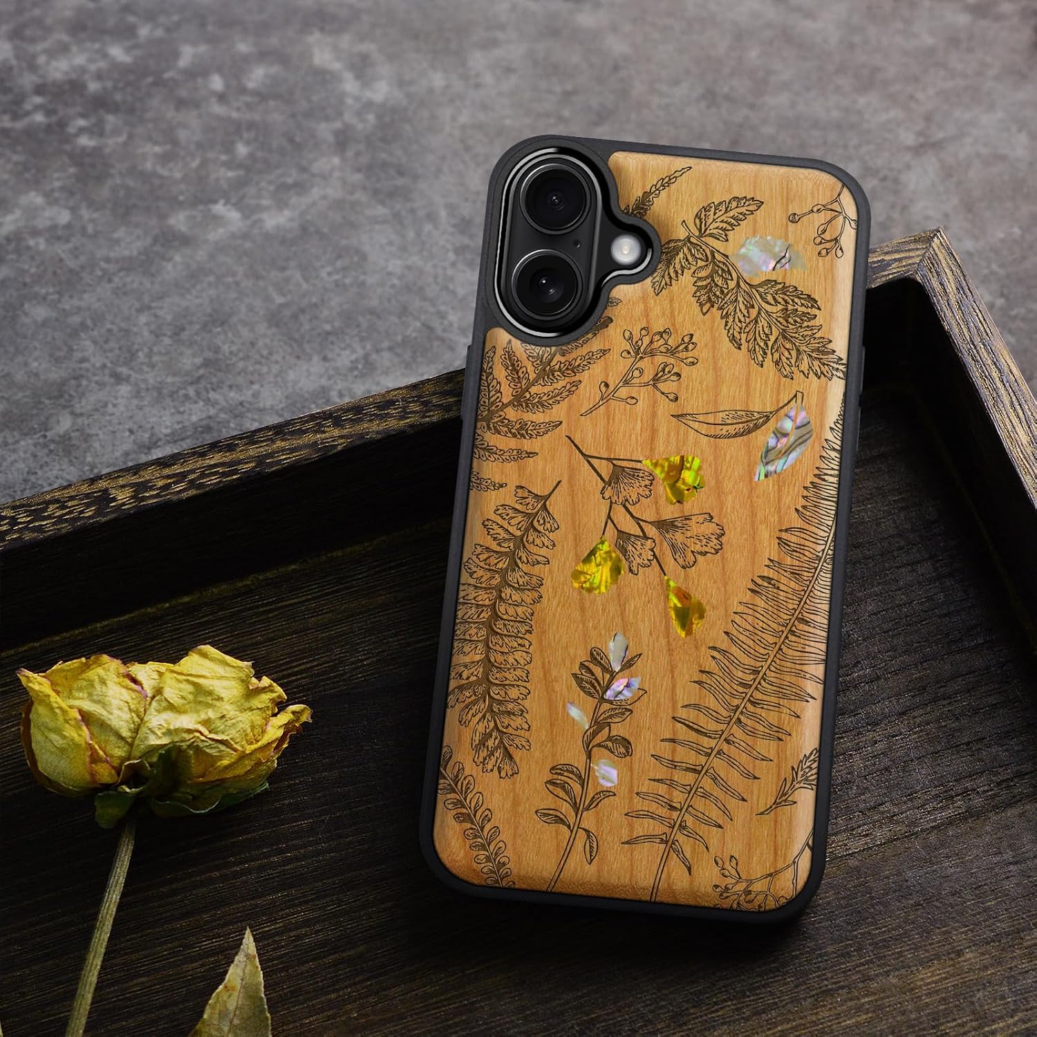 Carveit Magnetic Wooden Case for iPhone 16 Case, Wood Artisan Engraved & Handmade Shell Inlaid, TPU Shockproof Cover, Compatible with MagSafe Wireless Chargers (Fern Leaves & Herbs) Cherry