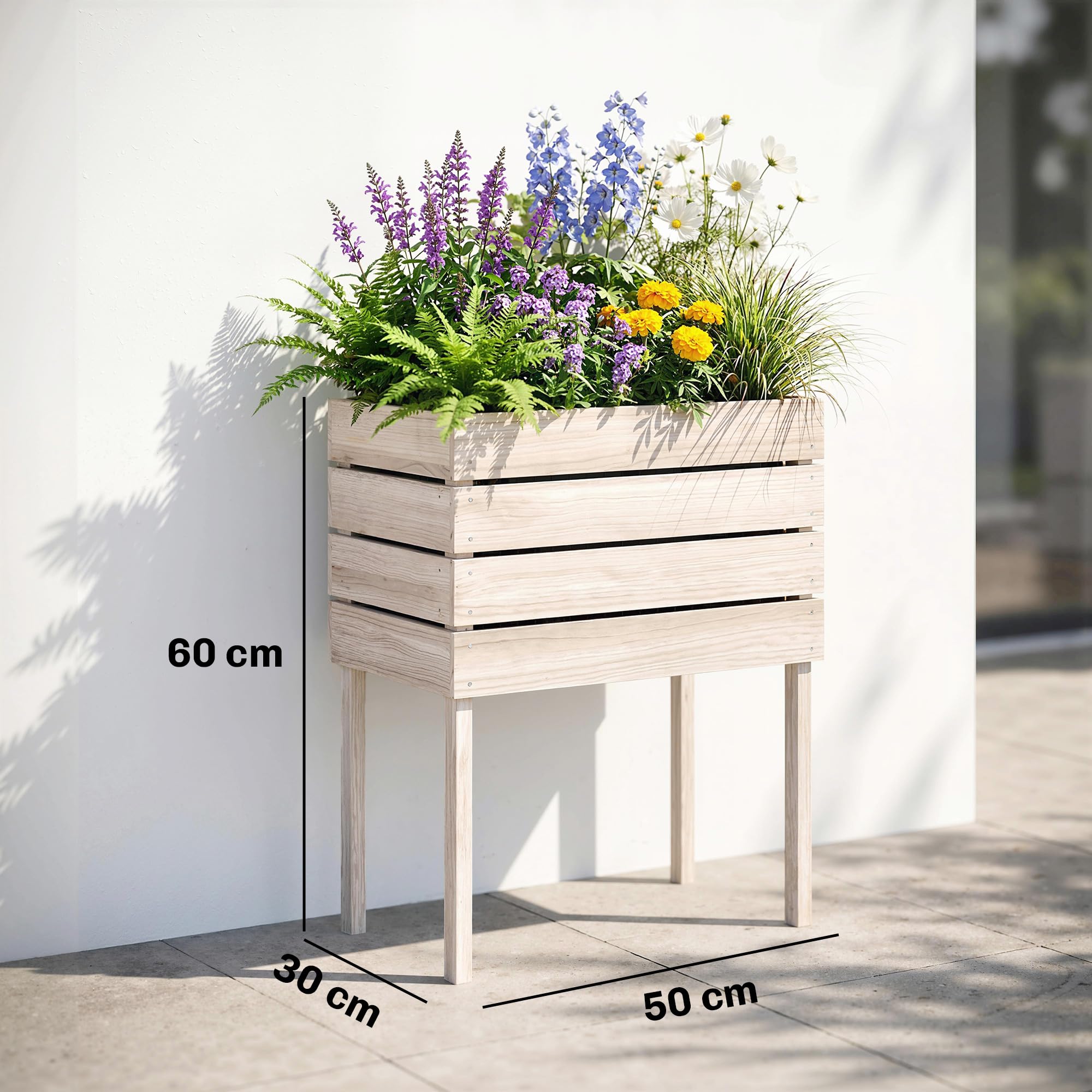 Outsunny Jardinières sur Pieds carrés potagers 50L x 30l x 60H cm Naturel | Lot de 4, Jardinières sur Pied Modulables, Inserts d'Irrigation, Film Protecteur, Bois Sapin, Pot Balcon
