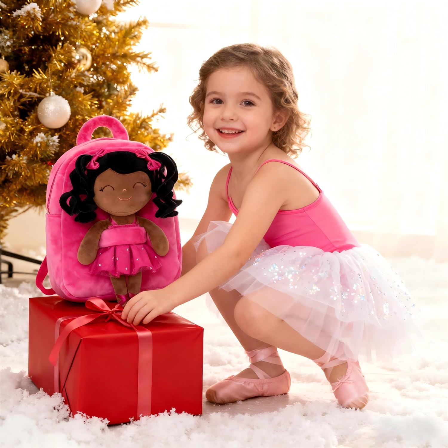 Gloveleya Toddler Backpack for Kids Soft Toys Plush Curly Ballet Girl Doll Rose