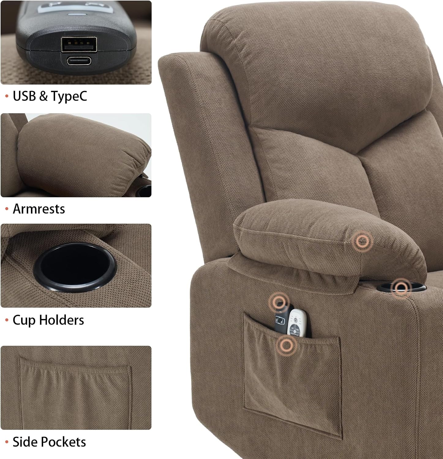 Electric Lift Chair USB & Type-C Ports with Massage Side Pockets for Elderly with Remote Power Lift Recliner Chair