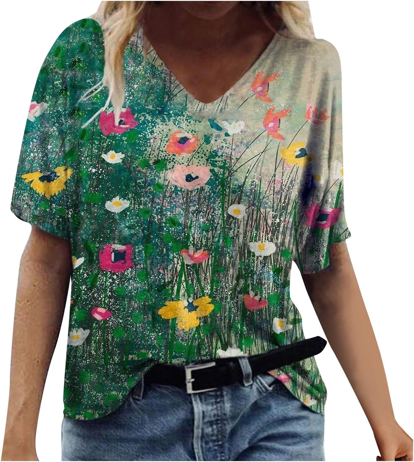 Ladies Blouse Summer, Fashion Women's Summer Printed Short Sleeve V-Neck T-Shirt Casual Tee Tops, for St Patrick's Day Easter (Green-M)