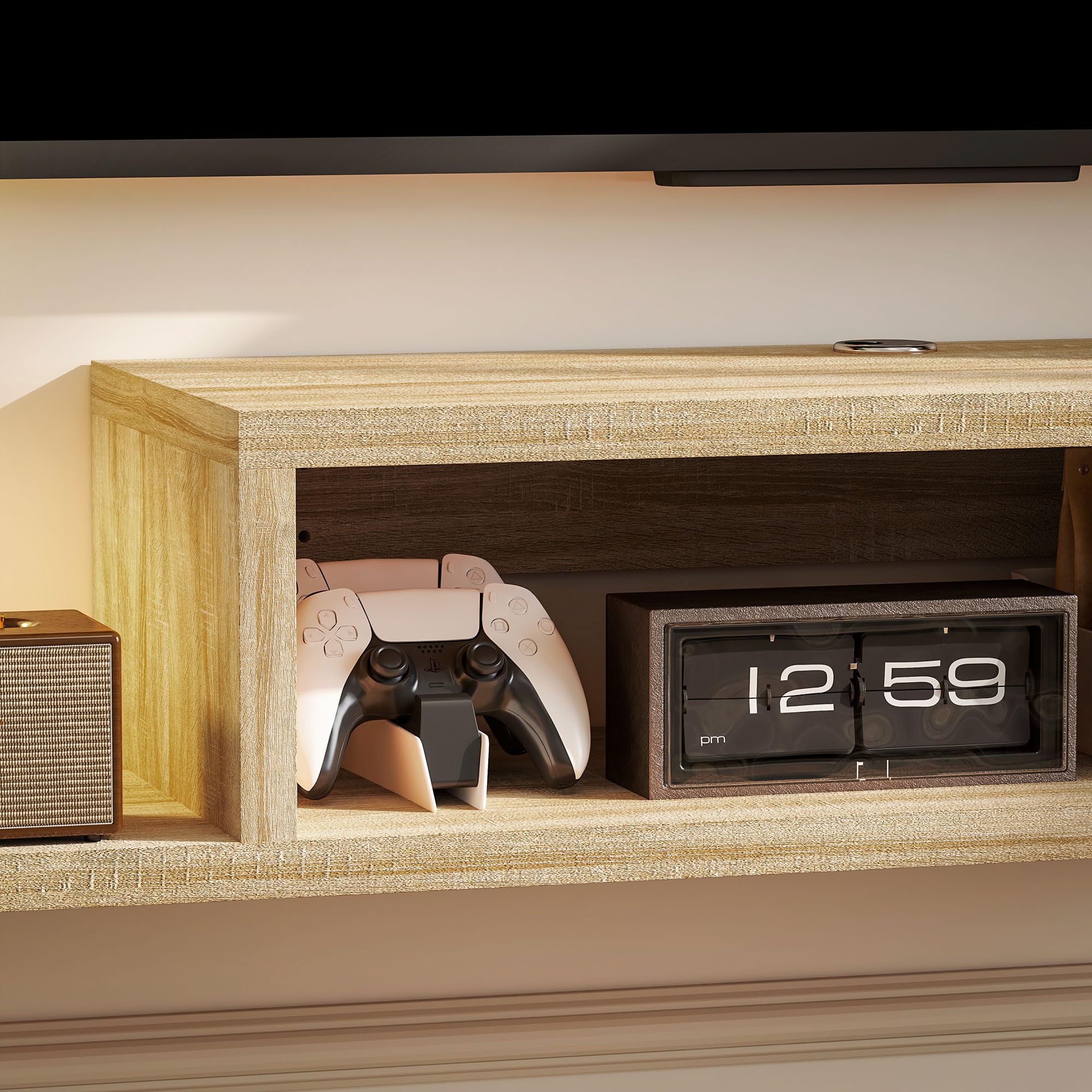 HOMCOM Meuble TV Mural Flottant Suspendu Support TV - étagère Murale Flottante - Niche, Passe-Fils - chêne Clair
