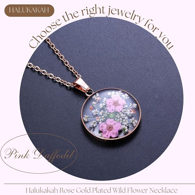 Halukakah 18k Gold/Rose Gold Plated Wild Flower Necklace for Women,Handmade Queen Anne's Lace Pressed,Unique Resin Birth Flower Jewelry Gift for Her,Real Flowers in Bezel Pendant,18 Chain