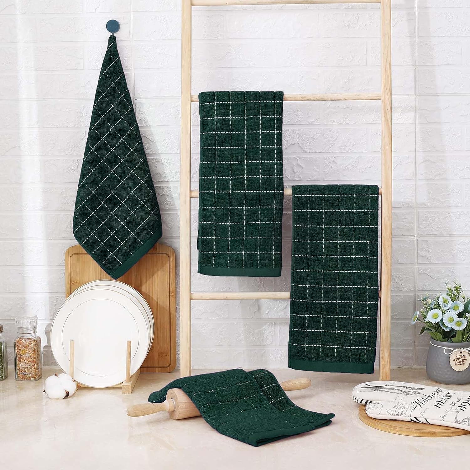 Homaxy Kitchen Towels and Dishcloths Set, 12 x 12 and 13 x 28 Inches, Set of 8 Bulk Cotton Terry Kitchen Towels Set, Checkered Designed, Soft and Super Absorbent Dish Towels, Blackish Green
