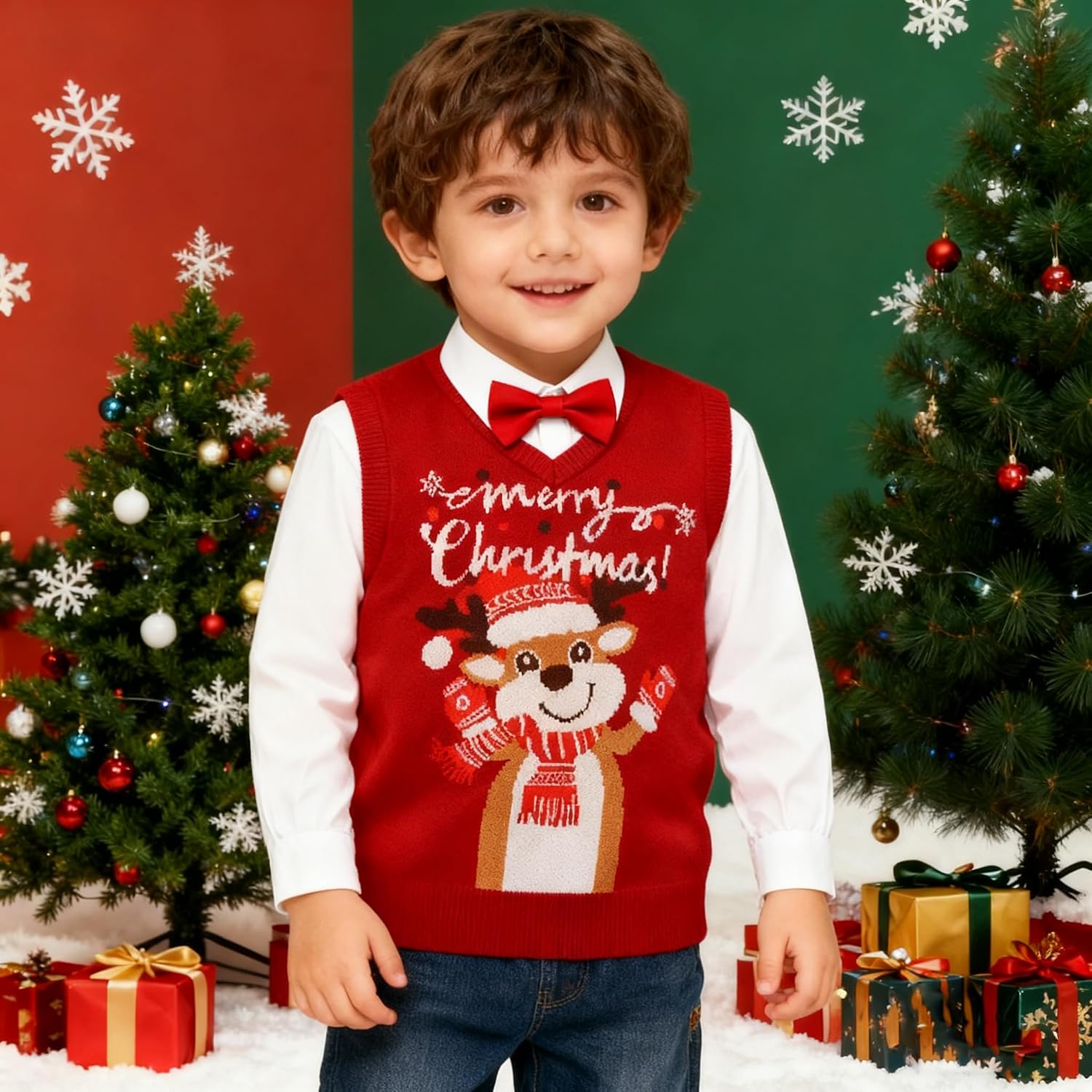 Ochine Toddler Boys Girls Christmas Sweater Vest Baby Sleeveless V Neck Knitted Warm Pullover Xmas Holiday Outfit 12M-5T