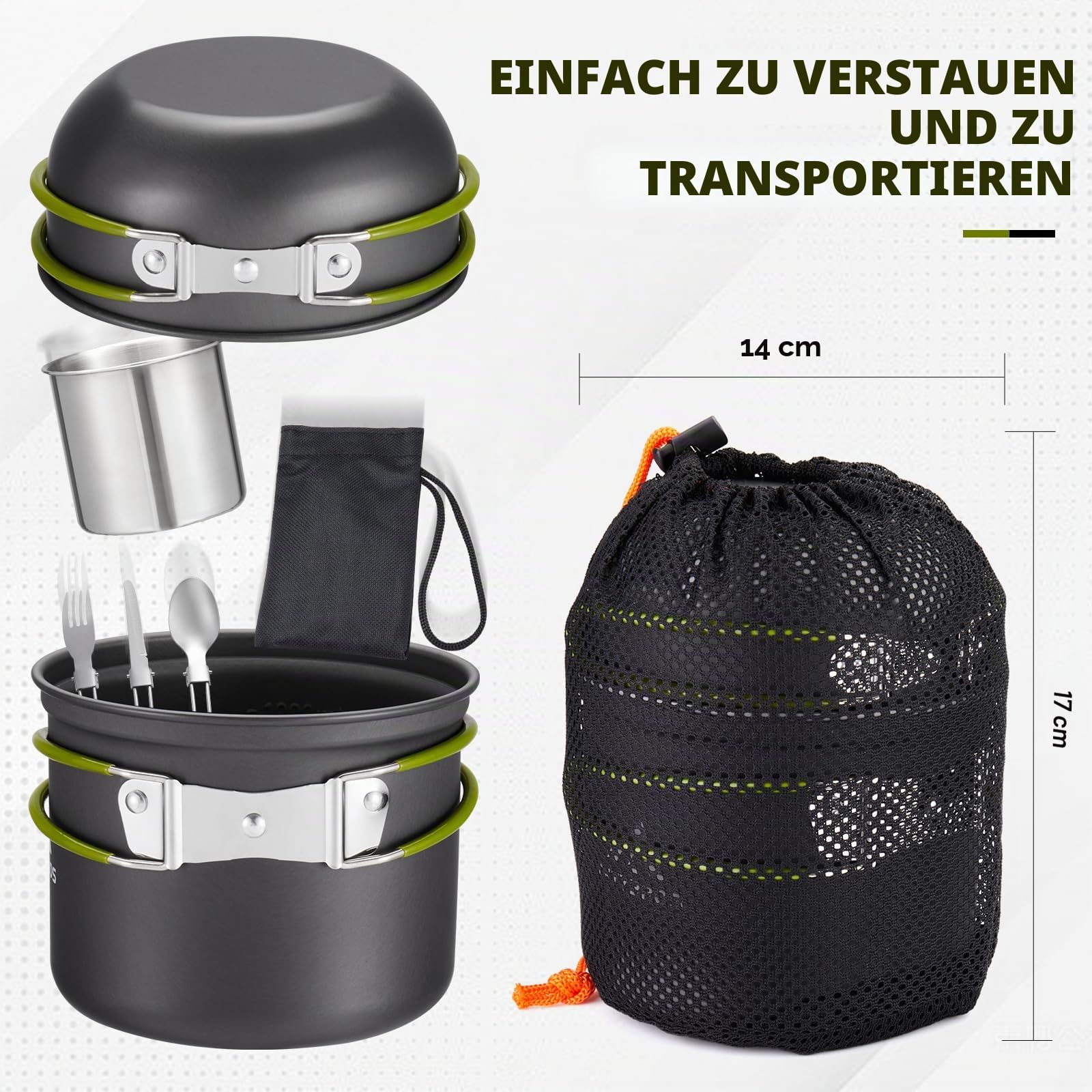 Outdoor Kochgeschirr Set Camping – 1,25 L Topf & 0,65 L Pfanne mit 0,3 L Edelstahlbecher – Leichtes, Robustes Trekking Kochset mit Besteck für Wandern, Backpacking, Picknick & Solo Camping