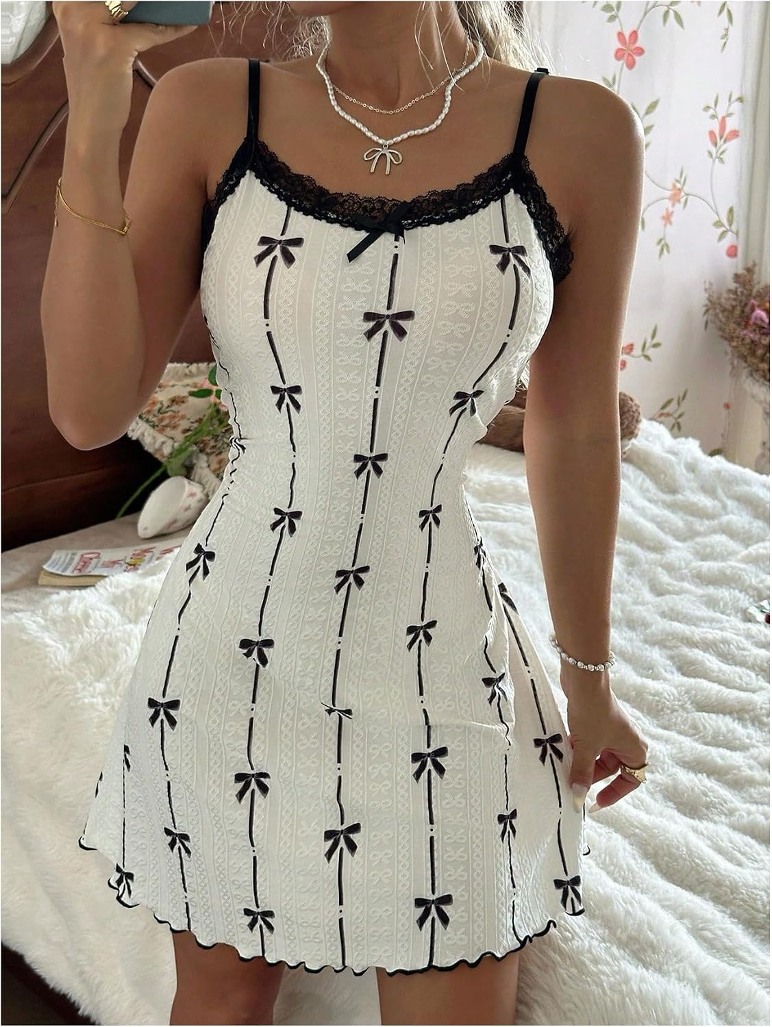 GORGLITTER Women's Bow Sexy Nightgown Cute Lace Trim Frill Backless Spaghetti Strap Lingerie Sleep Dress Sleepwear