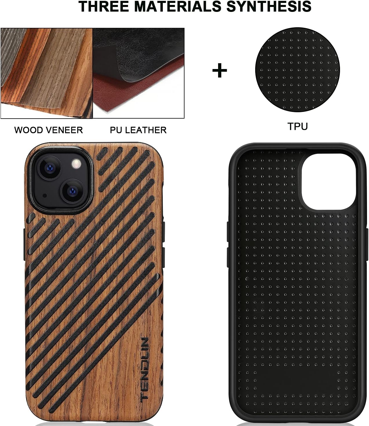 TENDLIN Compatible with iPhone 13 Case Wood Grain with Leather Outside Design TPU Hybrid Case (Red Sandalwood)