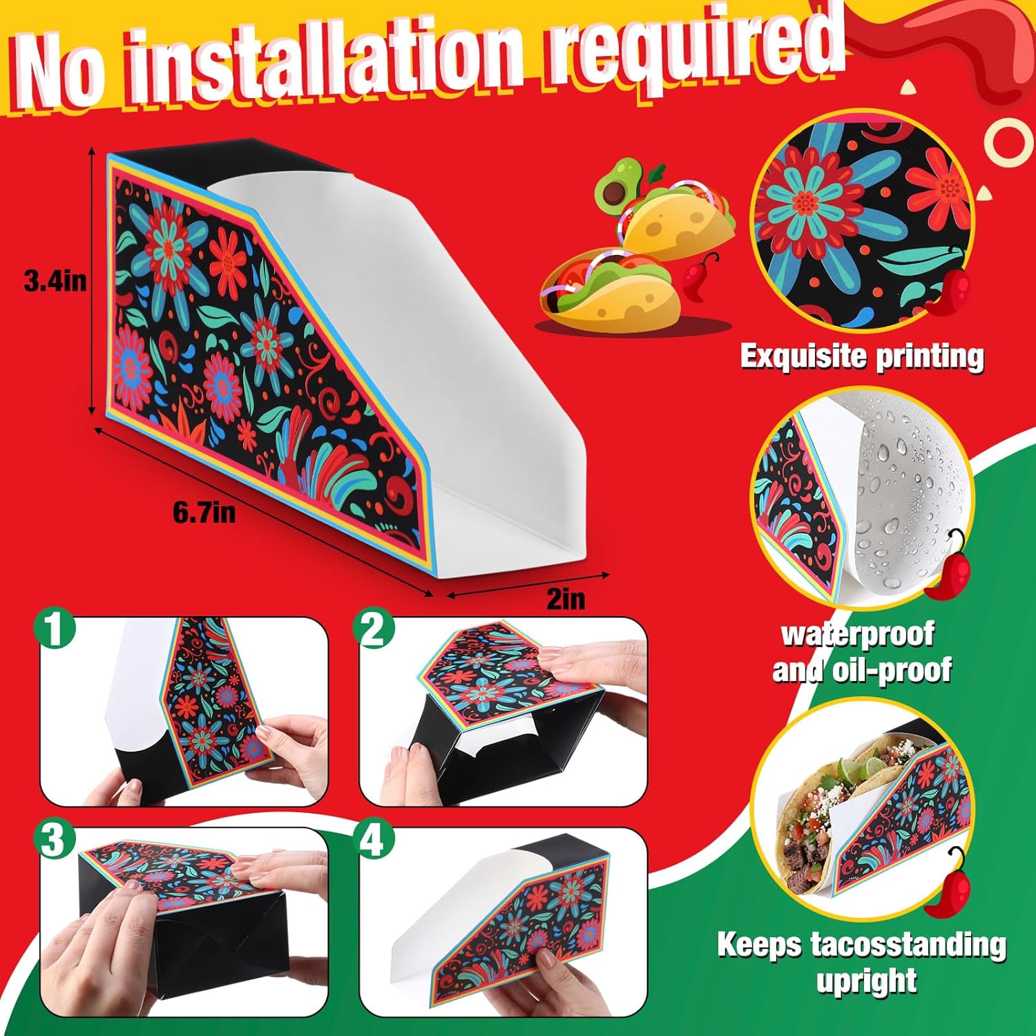 Affrolling 100 Pack Disposable Taco Holders with Greaseproof Paper, Pre-Assembled Plates for Tuesday Taco Night Mexican Bar Set up Carnival Food Containers Concession Stand Party Supplie Decorations