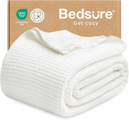 Bedsure 100% Cotton Twin XL Blanket, Waffle Weave, White, 66"x90" | Breathable, Soft, Cozy, Cooling, Waffle Texture, Summer Blanket for Bed, Dorm Room Essentials, Machine Washable, All Seasons