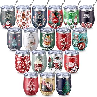 Sliner 18 Pack Christmas Wine Tumblers Bulk with Lid Straw, Cute