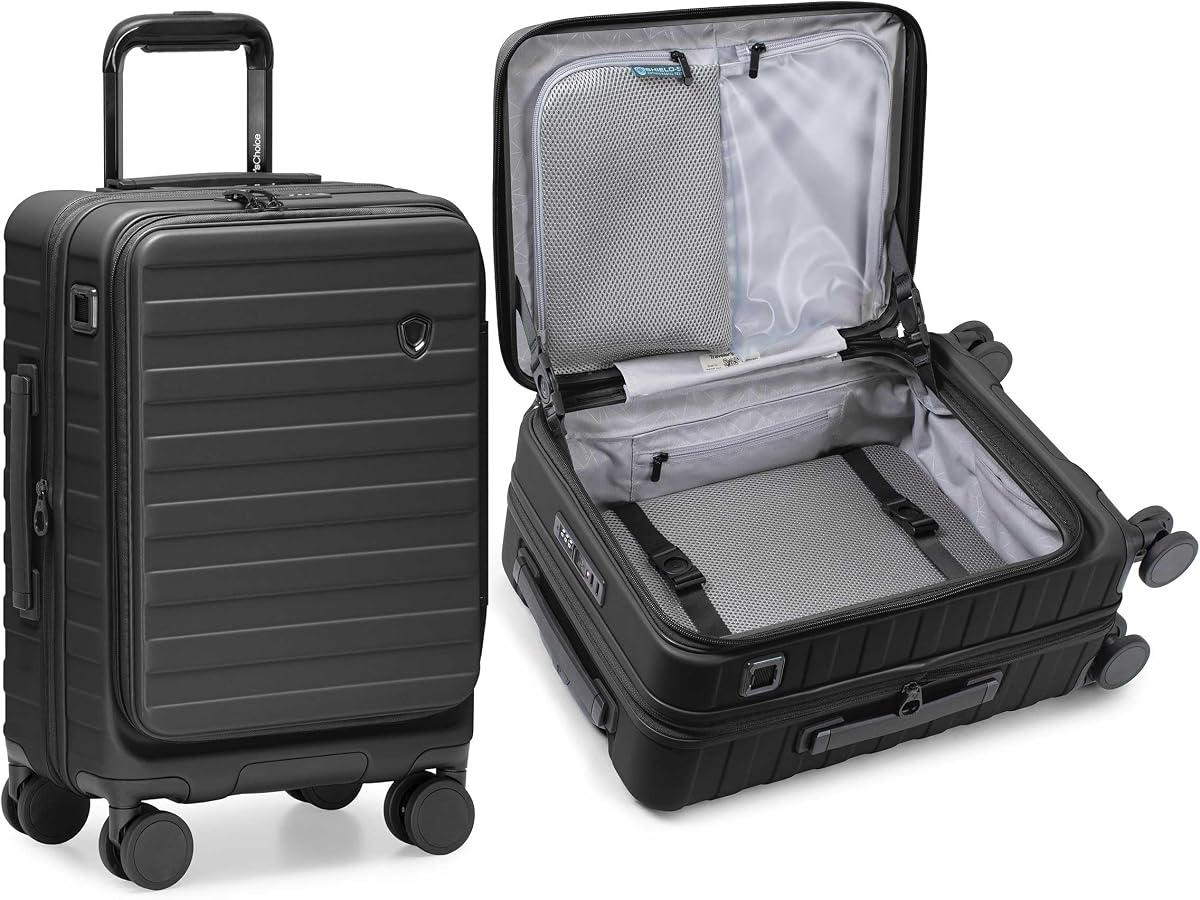 Novia Top Opening Expandable Polycarbonate Luggage with Spinner Wheels, Black, 21-Inch Carry-on