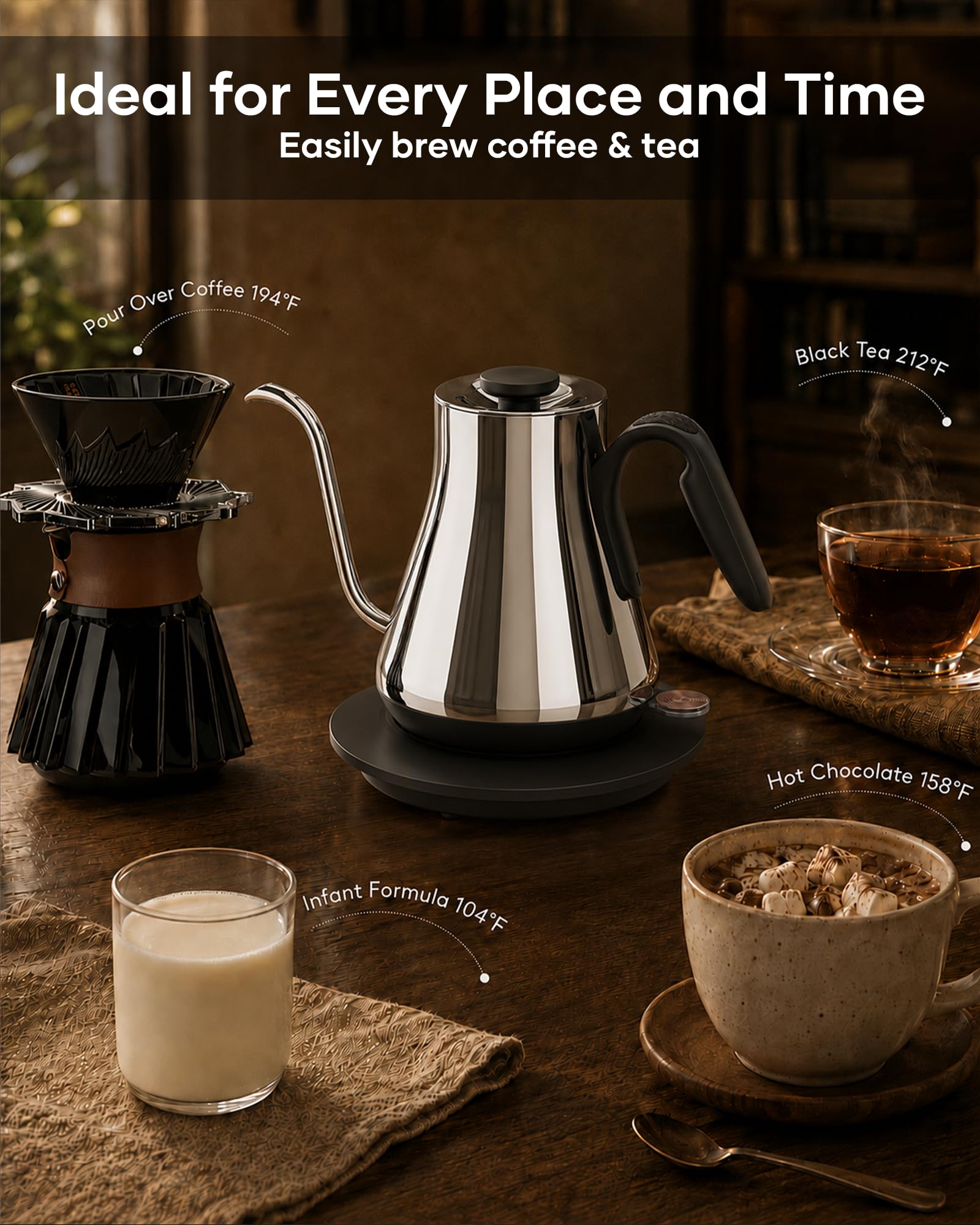 Cocinare Hervidor eléctrico de cuello de cisne de 0,8 l, 1440 W, boquilla de flujo de precisión de ebullición rápida para verter café y té, interior de acero inoxidable 304 sin BPA, apagado automático