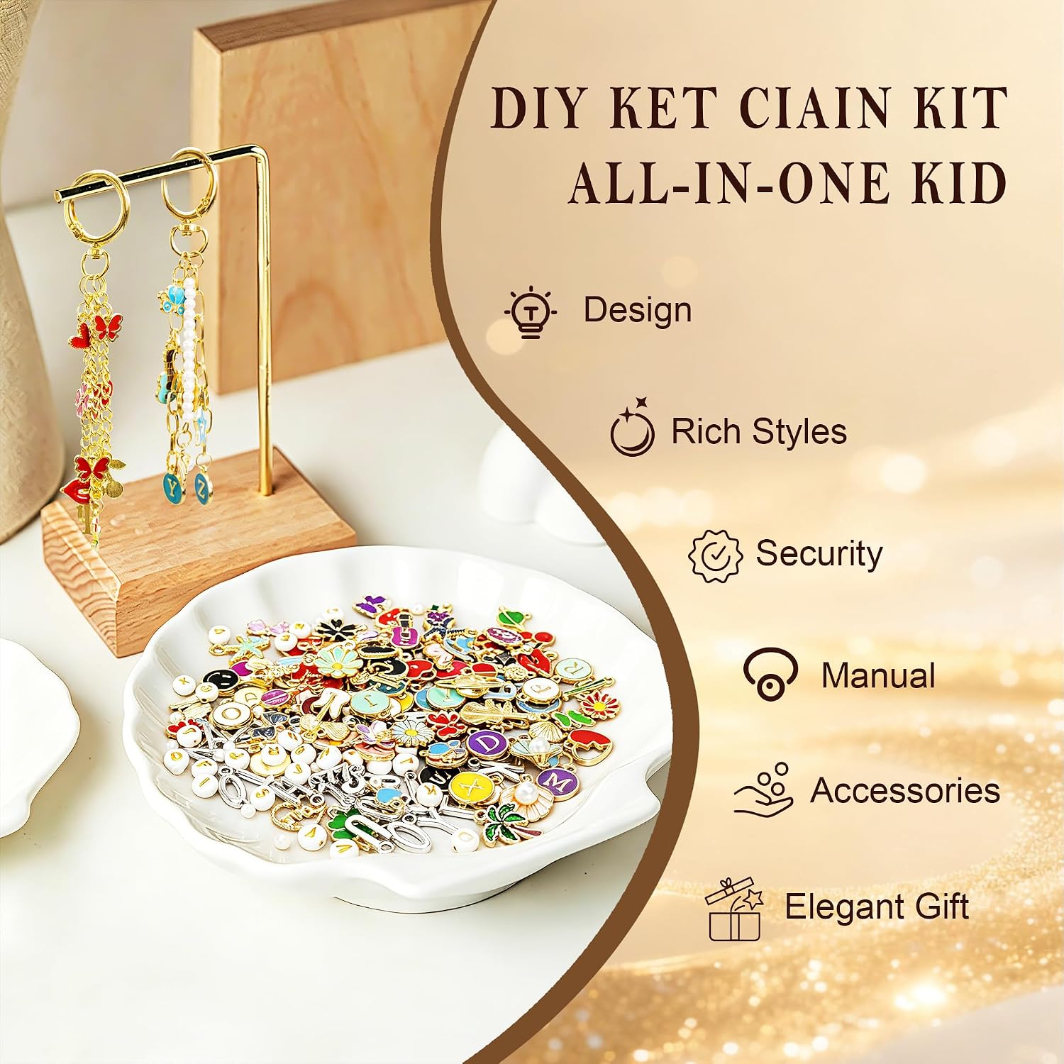 OIRHNL 401Pcs Keychain Making Kit, DIY Bag Charms Craft Supplies with Enamel Charms, Alphabet Beads, Key Rings, Chains, Jump Rings, Lobster Clasps and Pliers for Personalized Keychains and Gifts
