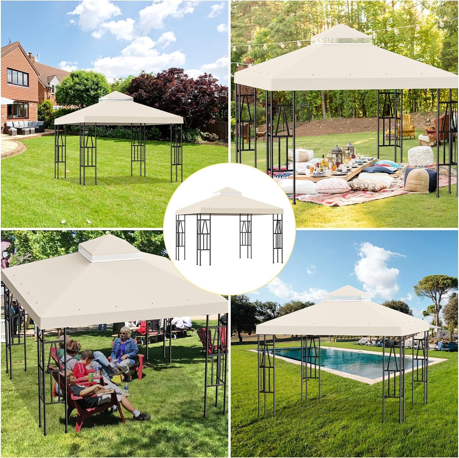 Ricambio Tettoia Per Gazebo 3x3 M – Doppio Livello, Tessuto Oxford 300D, Impermeabile, UV Resistente, Con 16 Fori Di Drenaggio