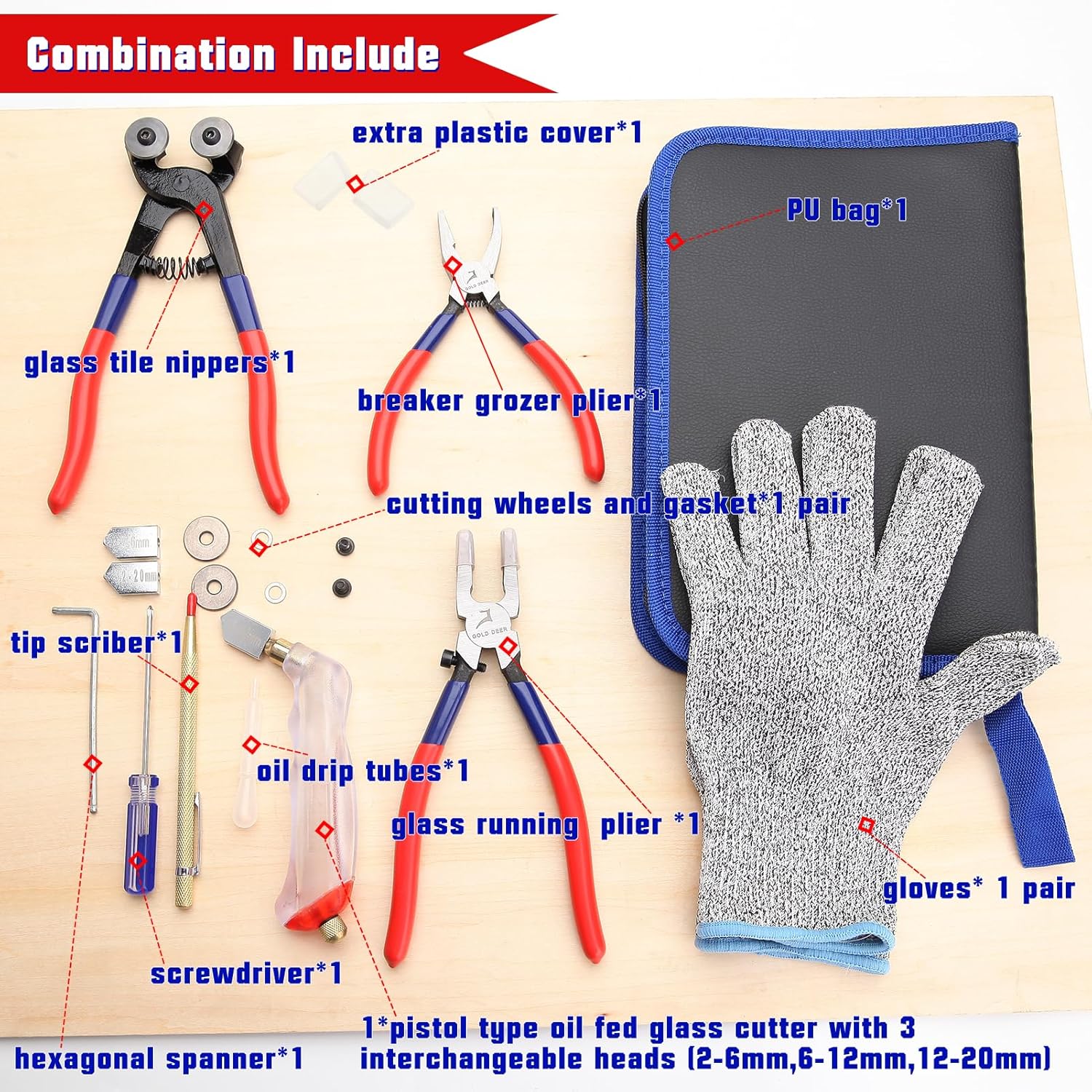 GOLD DEER Glass Mosaic Cutter Kits Heavy Duty Mosaic Wheeled Glass Nippers Wheeled Glass Tile Nipper Running Plier Breaking Grozer Plier Mosaic Tile Cutter Mosaic Tools for Craft Glass Cutting