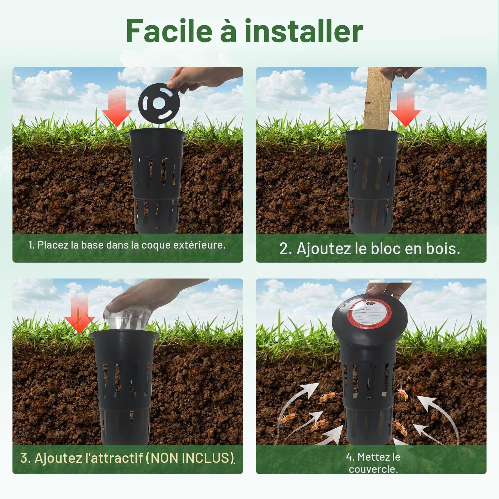 Lot de 6 stations d'appât de surveillance des termites, compatibles avec les appâts termites Trelona, blocs de bois inclus pour le jardin, les fermes, détecte l'activité des termites (pas de