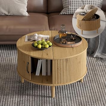 Round Coffee Table with Storage,Modern Folding Table,Fluted Center Table with Sliding Cabinet Door,31.5" Small Center Table for Living Room and Home Small SpaceRound